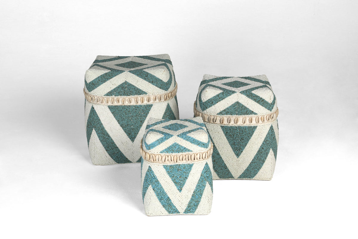 Indonesian Tall Beaded Boxes- Turquoise/White – Walker Zabriskie Furniture
